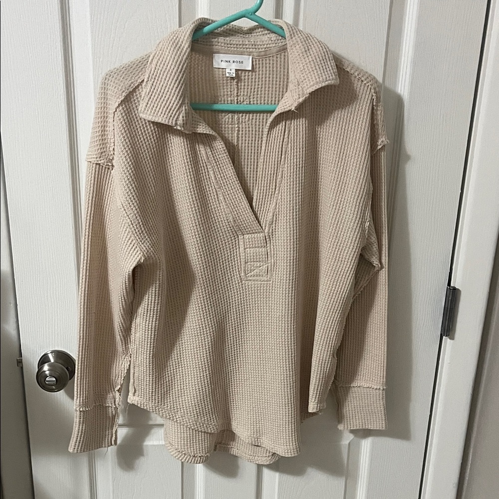 Neutral Beige Waffle-Knit Collar Top